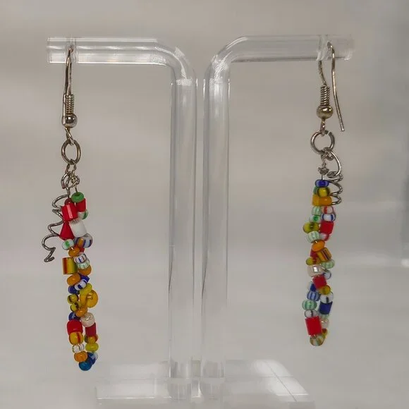 Multi-Colour Seed Bead Dangle Earrings 925 Hooks - Picture 4 of 8